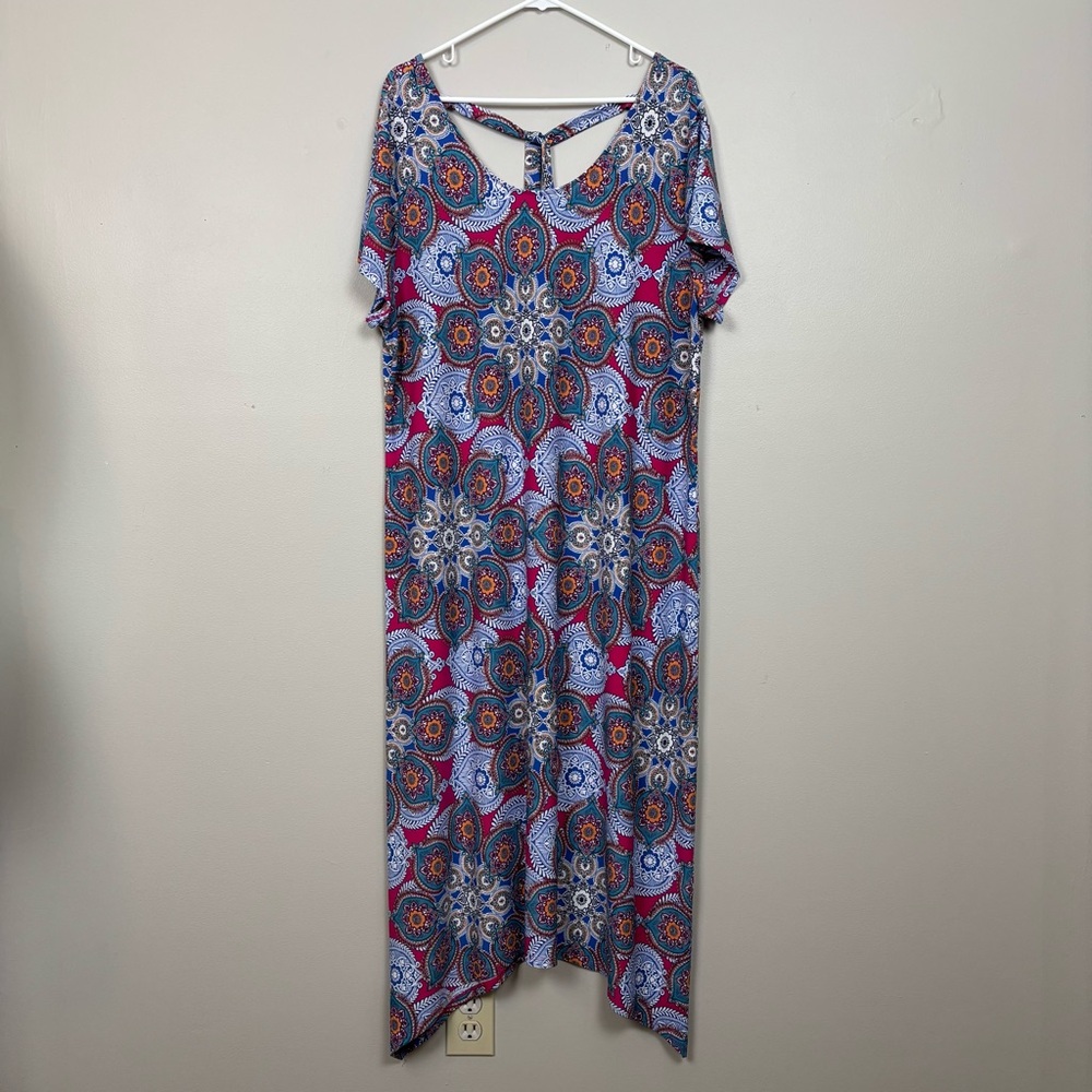 Chico's Medallion Cluster Print Midi Dress Sz 16/18 Multicolor Tie Back Stretch - Picture 2 of 11